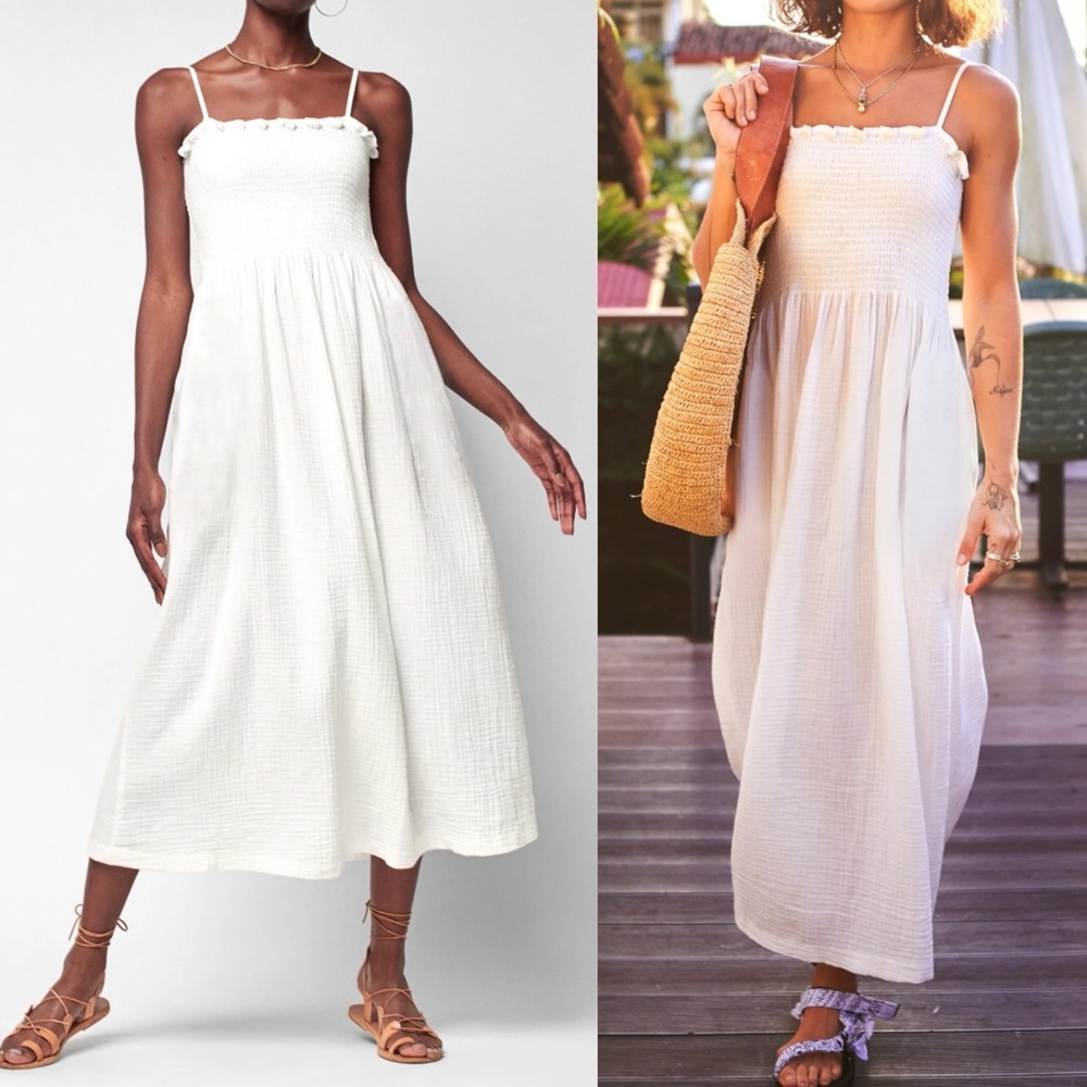 NWT Faherty‎ Lakeview White Maxi Dress Size Large Smocked Dream Cotton Gauze New